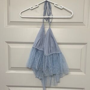 Light Blue Halter Top with Tulle Overlay